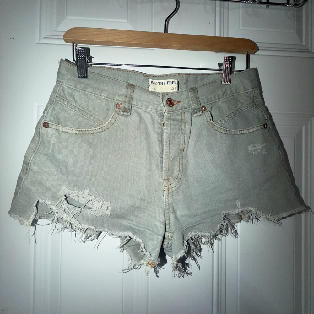 Free People Distressed High-Rise Jean Shorts in Sage Green